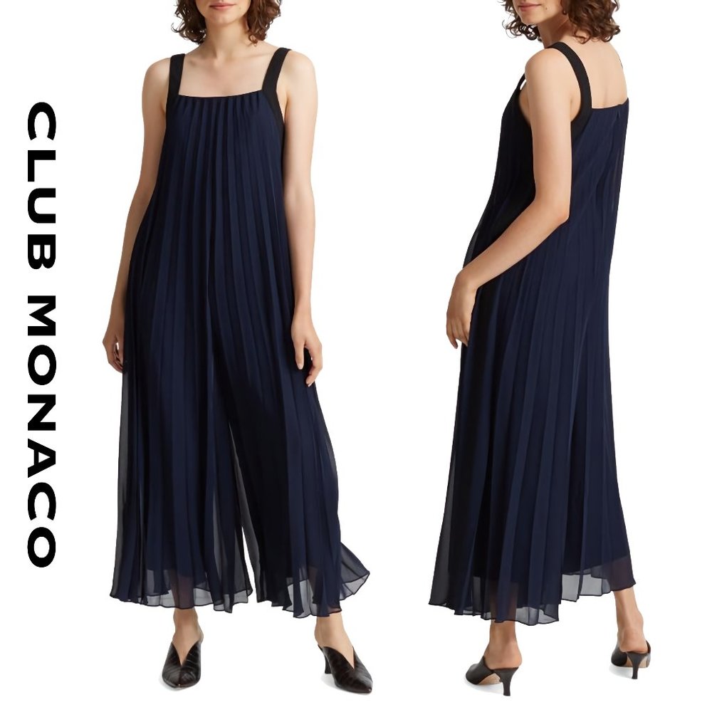 NEW Club Monaco Pleated Jumpsuit in Sheer Chiffon, Navy Black, Size 6